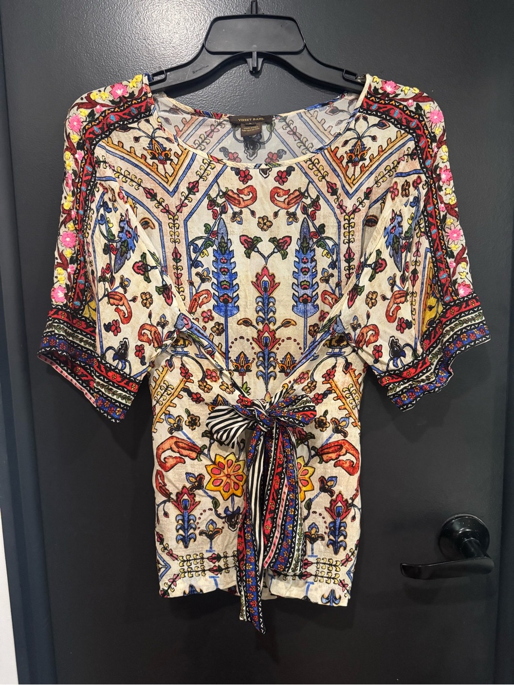 Vineet Bahl for Anthropologie Meknes Boho Tie Blouse with Embroidered Sleeves - Picture 3 of 11